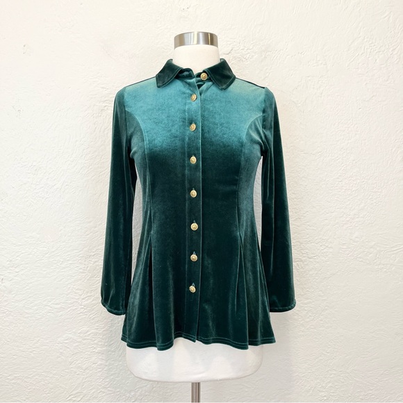 Soft Surroundings Velvet Shirt Top Green Emerald Gold Button PXS Petite XS - Picture 2 of 9